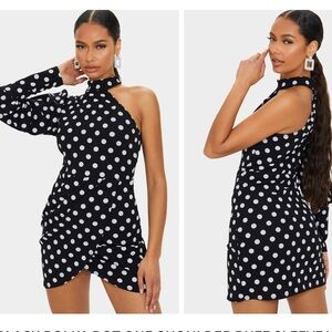 PETTYLITTLETHING BLACK POLKA DOT ONE SHOULDER PUFF SLEEVE WRAP BODYCON DRESS